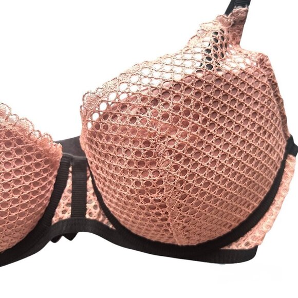 Victoria’s Secret Luxe Pink Demure Foil Lined Fishnet Plunge Underwire Bra 32 D - Picture 11 of 13